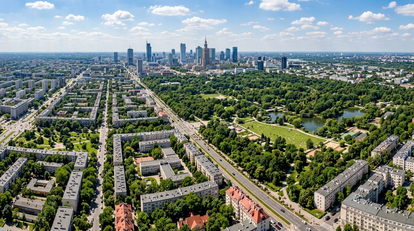 Warszawa Ochota i Pole Mokotowskie z widokiem na wieżowce